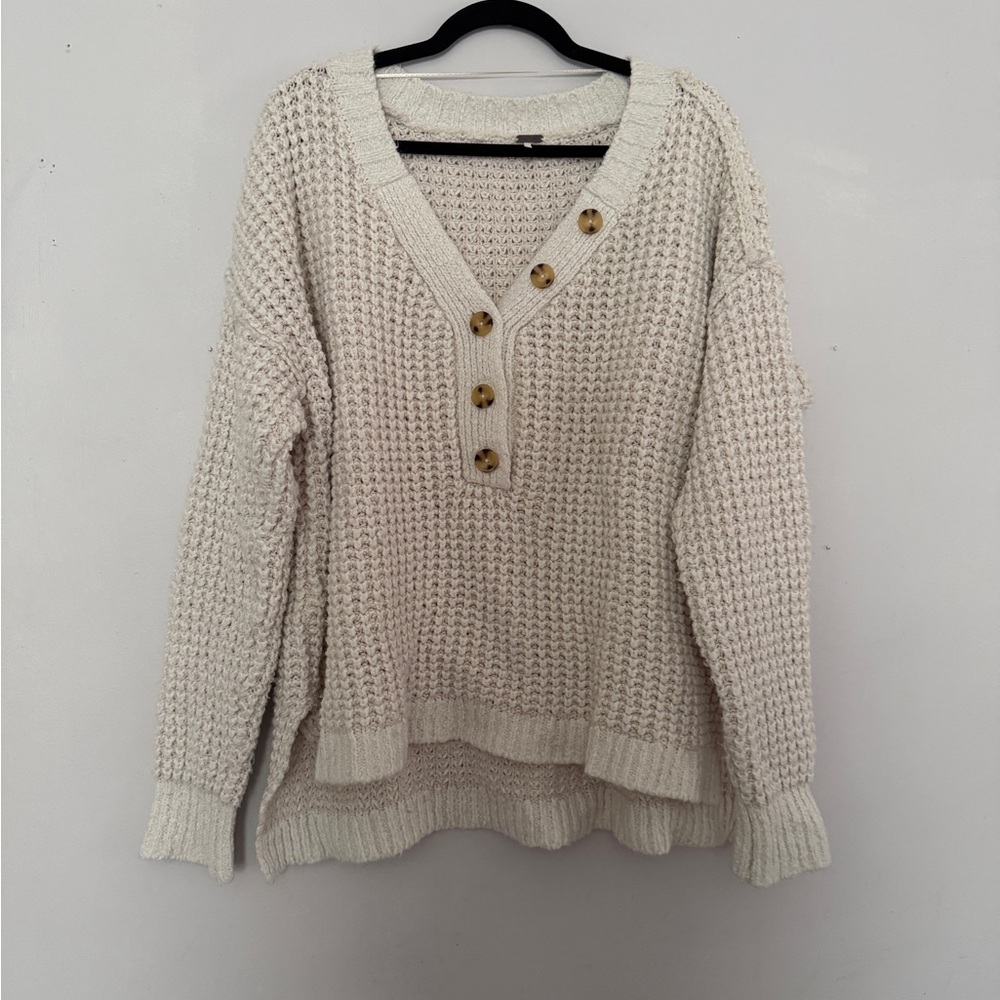 Free People Whistle Thermal Cozy Cream Button-Detail Knit Sweater
